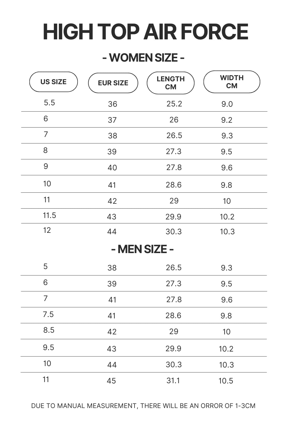 High Top Air Force Shoes Size Chart - Dragon Ball Z Shoes