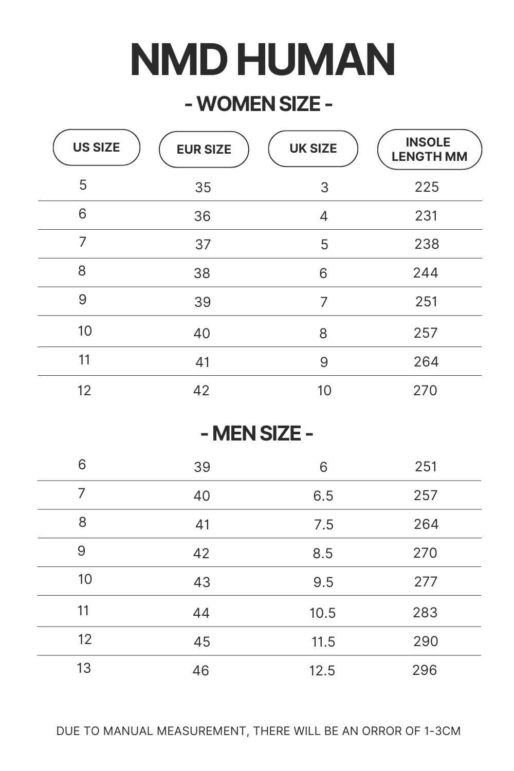 NMD Human Shoes Size Chart - Dragon Ball Shoes