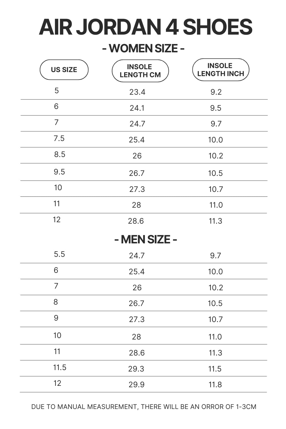 Air Jordan 4 Shoes Size Chart - Dragon Ball Shoes