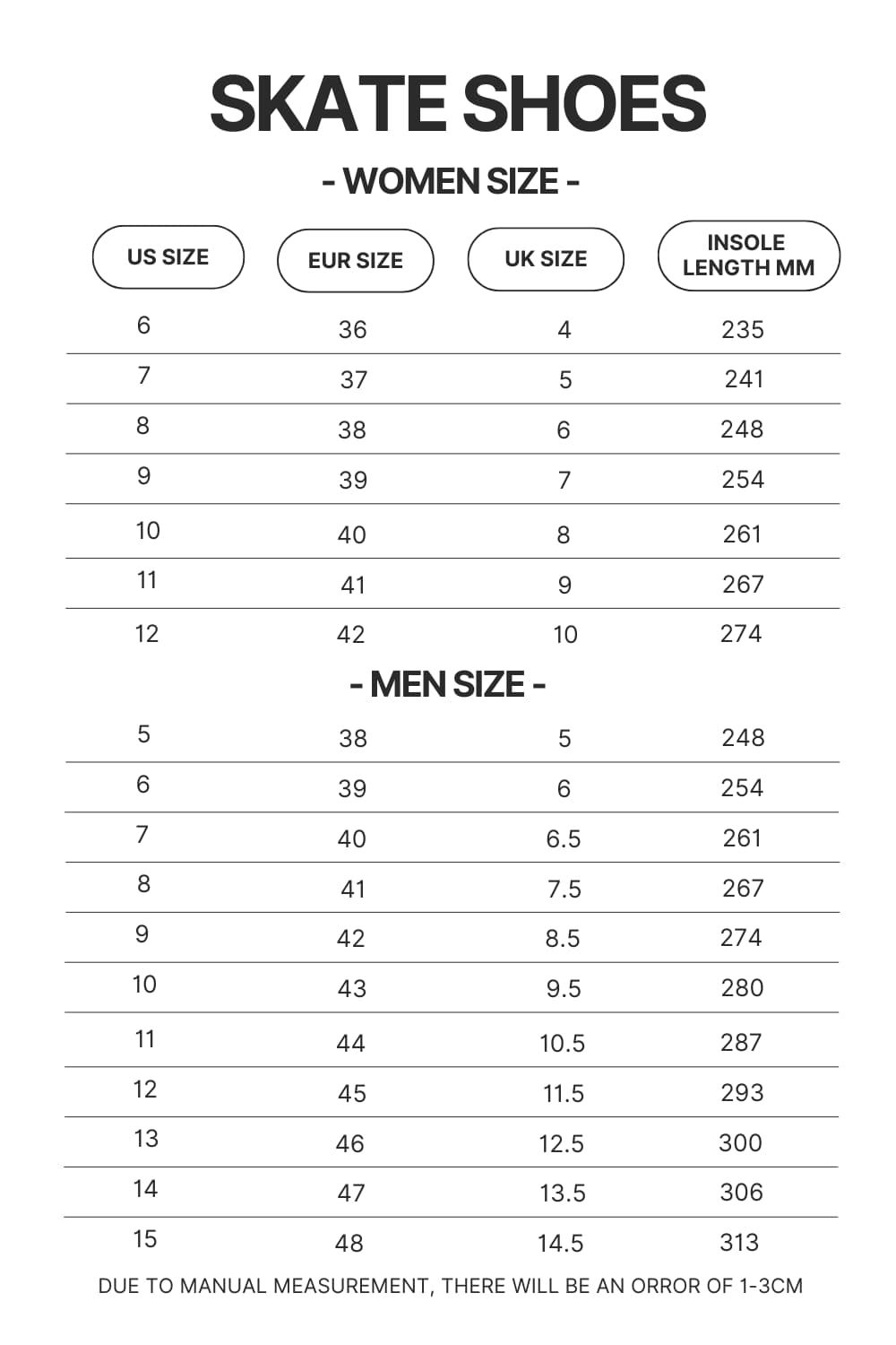 Skate Shoes Size Chart - Dragon Ball Shoes