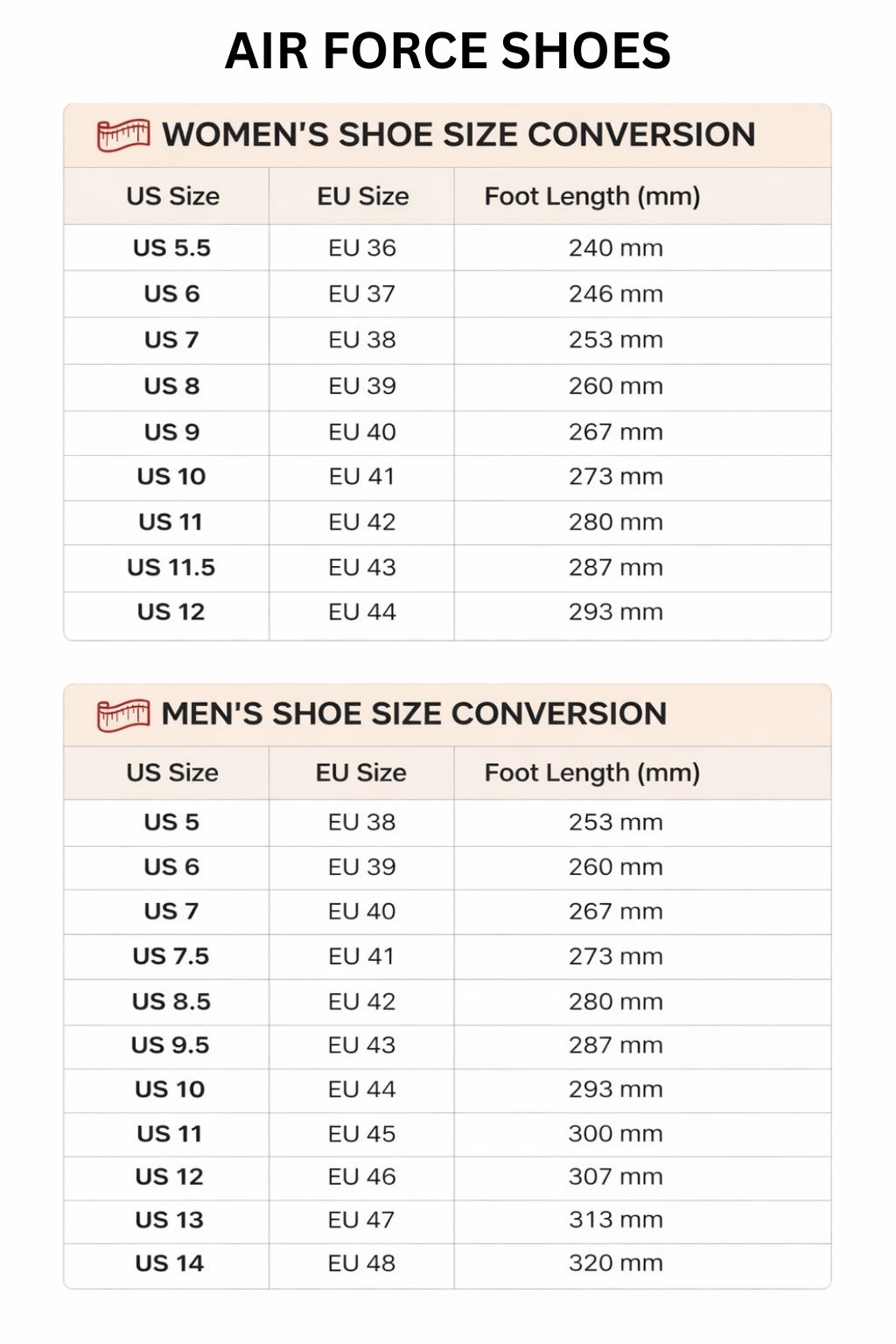Air Force Shoes Size Chart - Dragon Ball Shoes