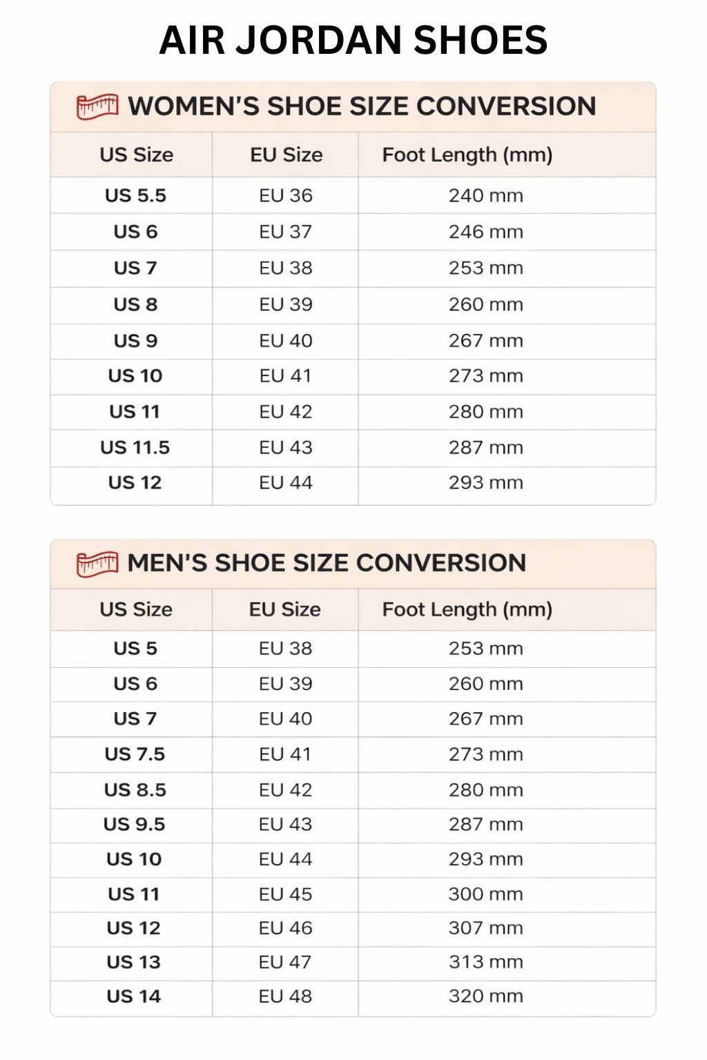 Air Jordan High Low Top Shoes Size Chart - Dragon Ball Shoes