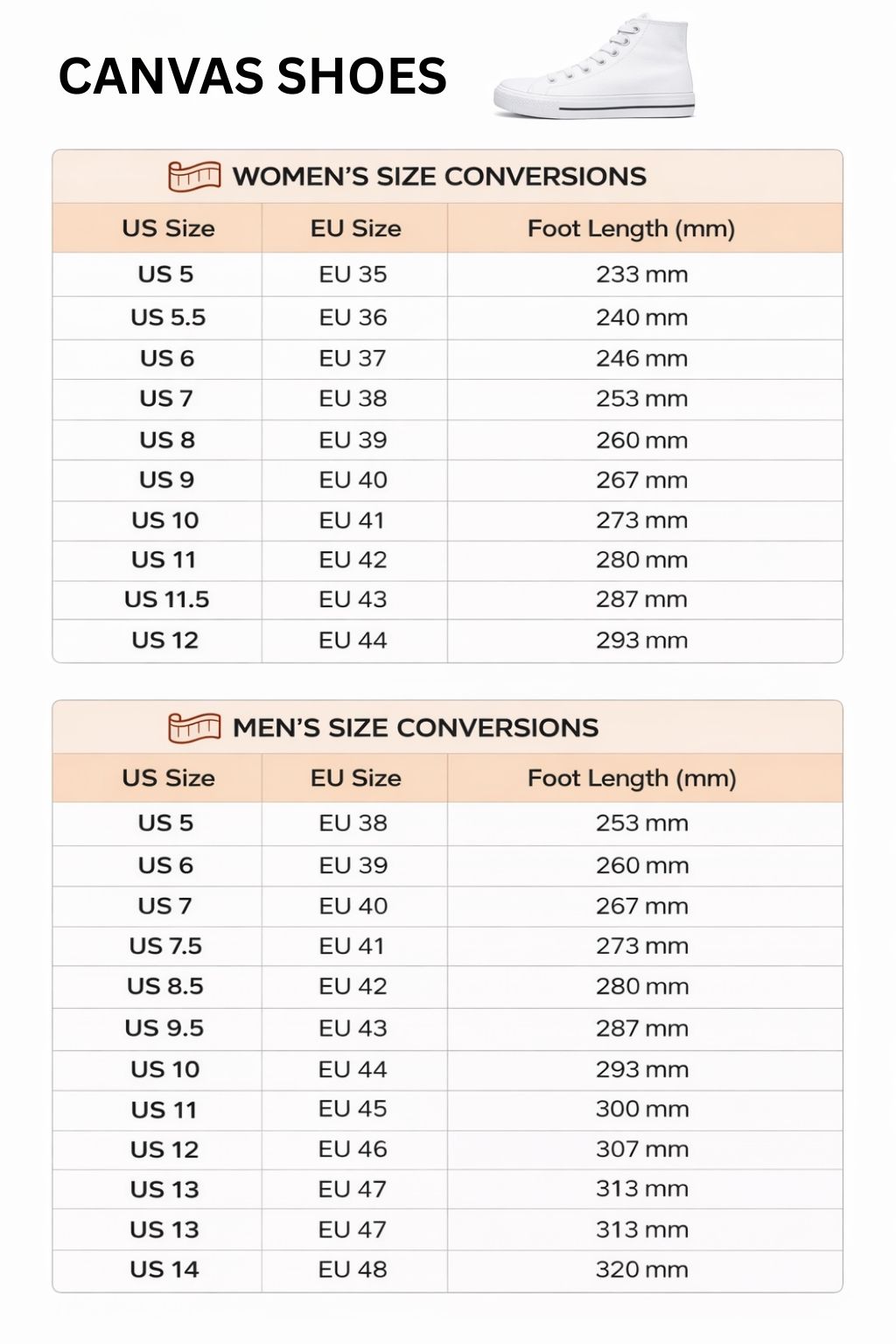 High Top Canvas Shoes Size Chart - Dragon Ball Shoes