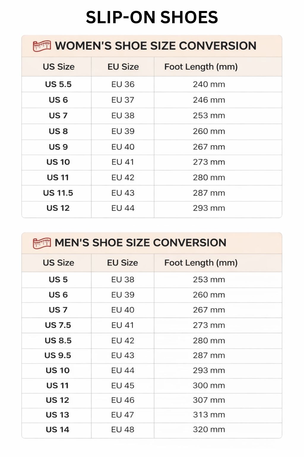 Slip On Shoes Size Chart - Dragon Ball Shoes