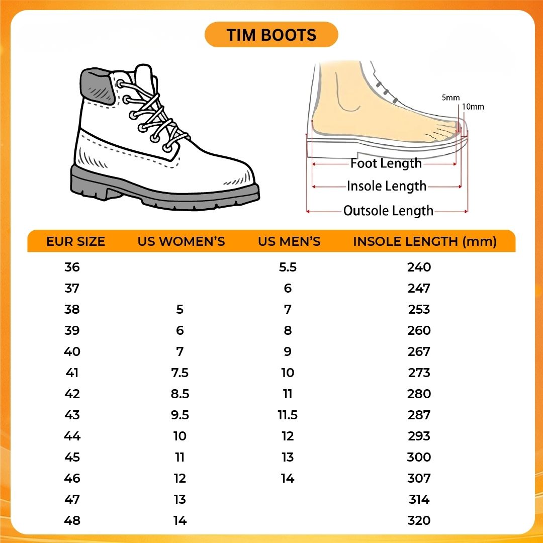 Tim Boots V1 Size Chart - Dragon Ball Shoes